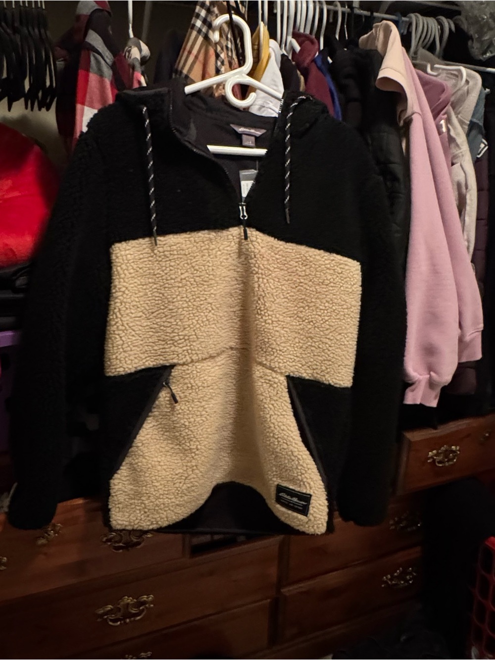 Sherpa Hoodie Jacket in Black and Cream oversized